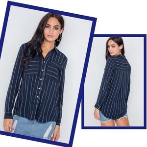 Striped Navy Blue Button Up Collared Dress Shirt S
